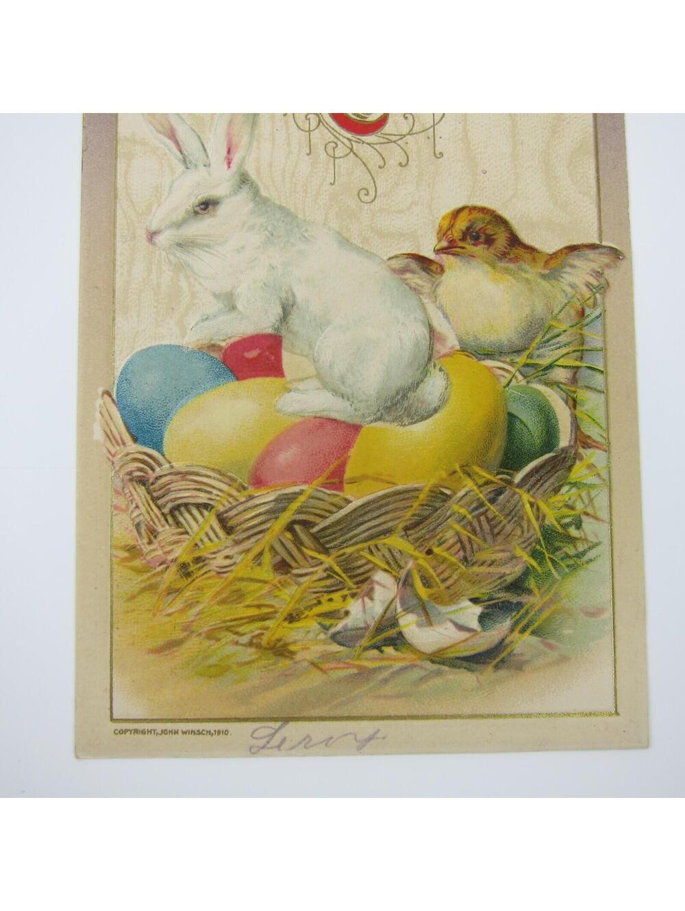Easter White Rabbit & Chick  Sit on Colored Eggs in Basket Embossed Antique - Picture 11 of 16